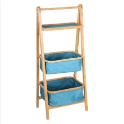 Colonne Pliante 2 Paniers Bleus Et 1 Plateau En Bambou