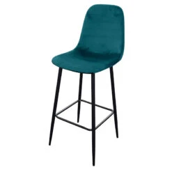 Tabouret De Bar En Velours Bleu Canard Pieds Métal Inoui