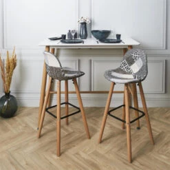 Tabouret De Bar Patchwork Gris Pieds Bois -ATMOS Boutique tabouret de bar patchwork gris pieds bois 4